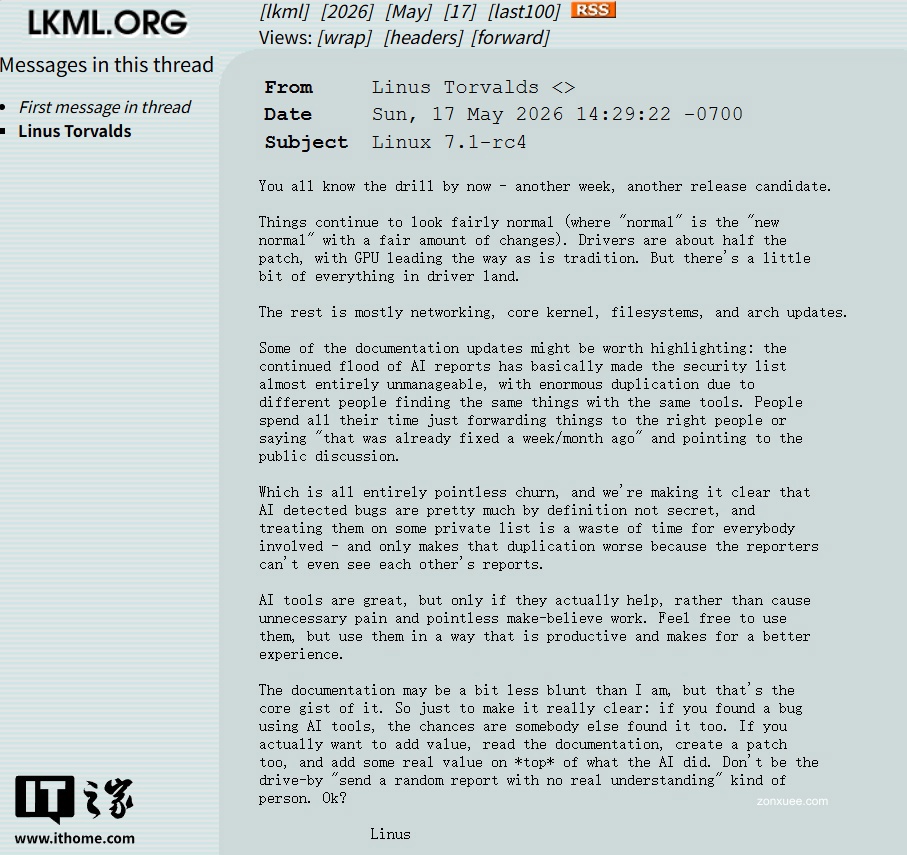 Linux 之父 Linus 发飙:别用 AI 提交大量重复 Bug 报告,直接提修复方案,OK?