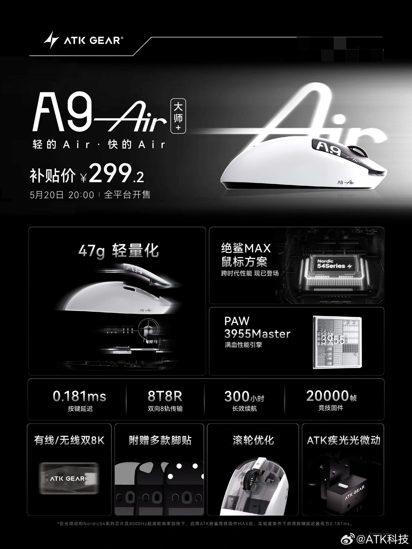 ATK 蜻蜓 A9 AIR 大师版 + 鼠标发布:47g、PAW3955MASTER,首发 299.2 元